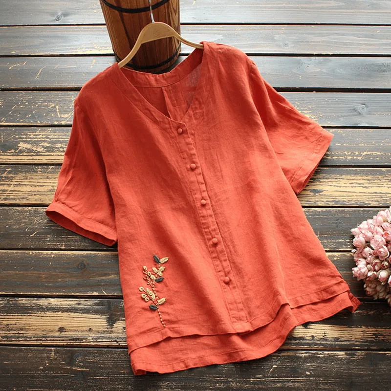 Loose Embroidered V-Neck Short Sleeve T-Shirt