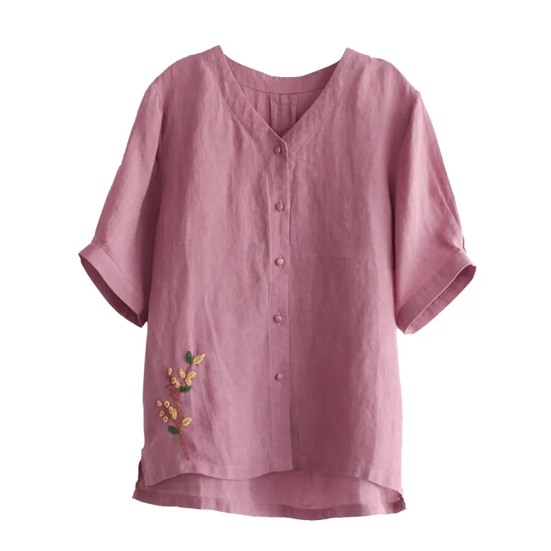 Loose Embroidered V-Neck Short Sleeve T-Shirt