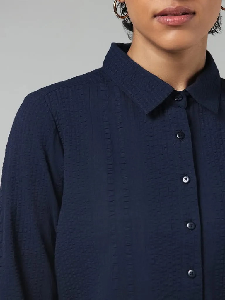 LOV Navy Cotton Crinkled Shirt