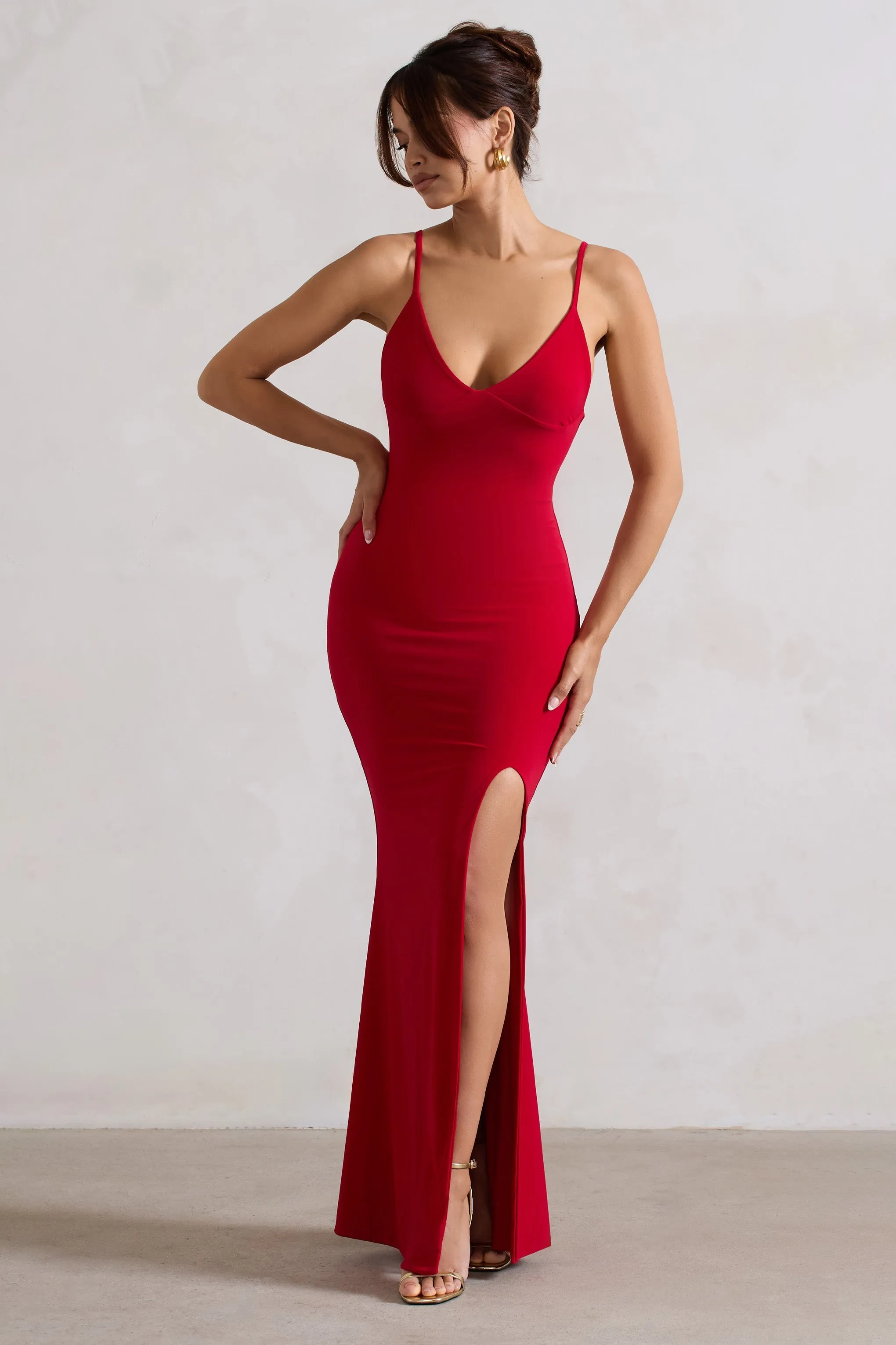 Love Shy | Red Plunge Neck Maxi Dress With Split Detail