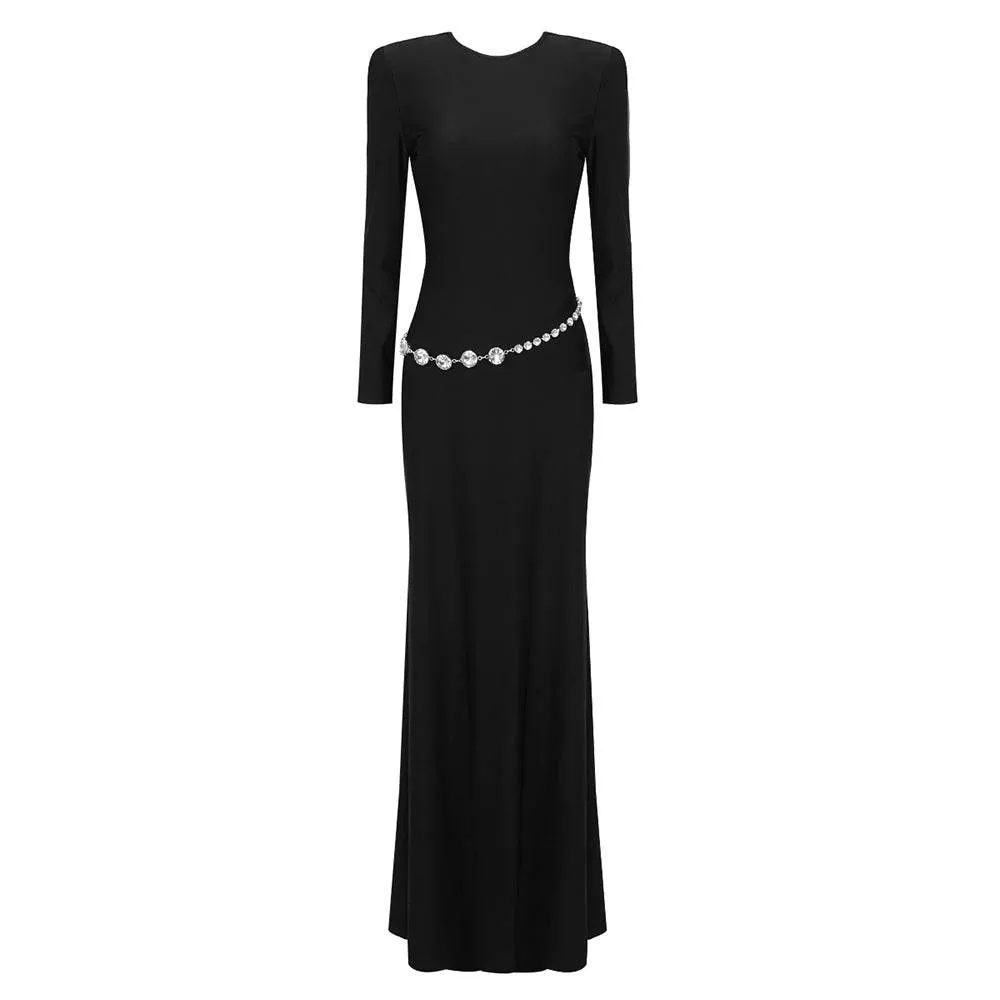 Lucy Long Sleeve Crystal Embellished Backless Maxi Dress