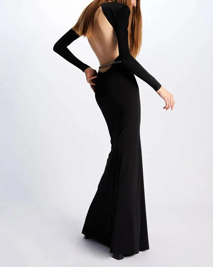 Lucy Long Sleeve Crystal Embellished Backless Maxi Dress