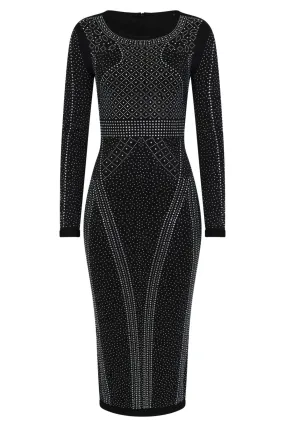 Luxor Black Caviar Crystal Rhinestone Bodycon Midi Dress