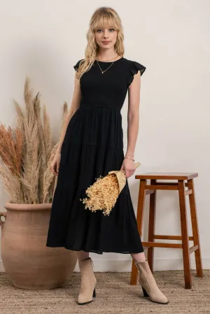 Magnolia Solid Black Tiered Midi Dress