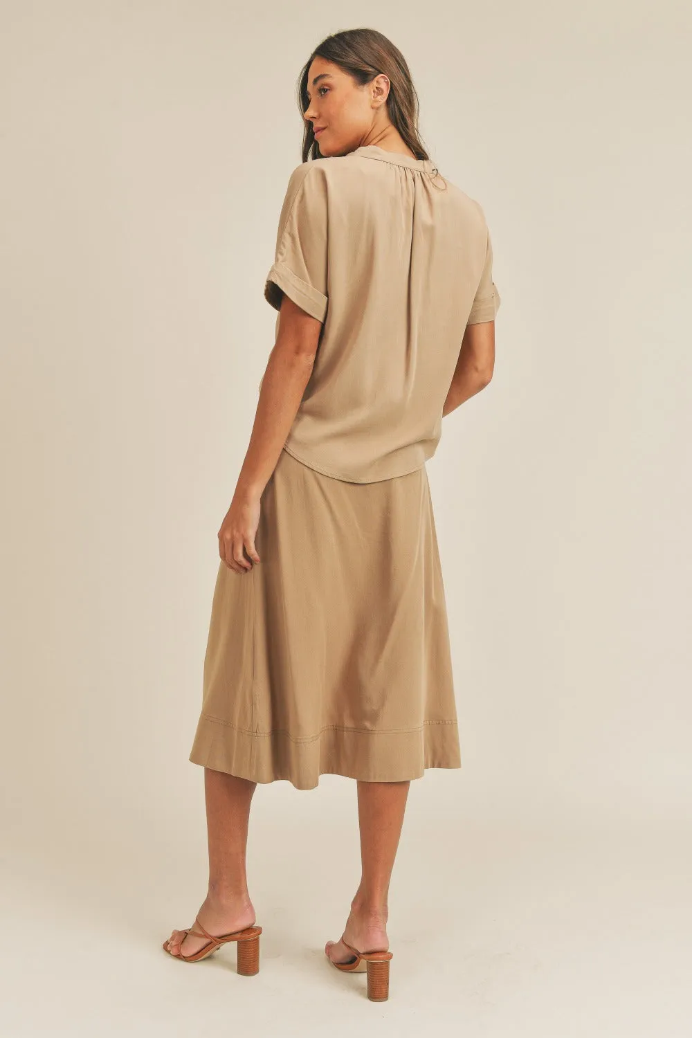 Mallory Taupe Short Sleeve Top and Button Down Midi Skirt Set