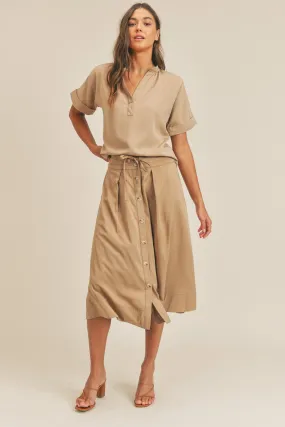 Mallory Taupe Short Sleeve Top and Button Down Midi Skirt Set