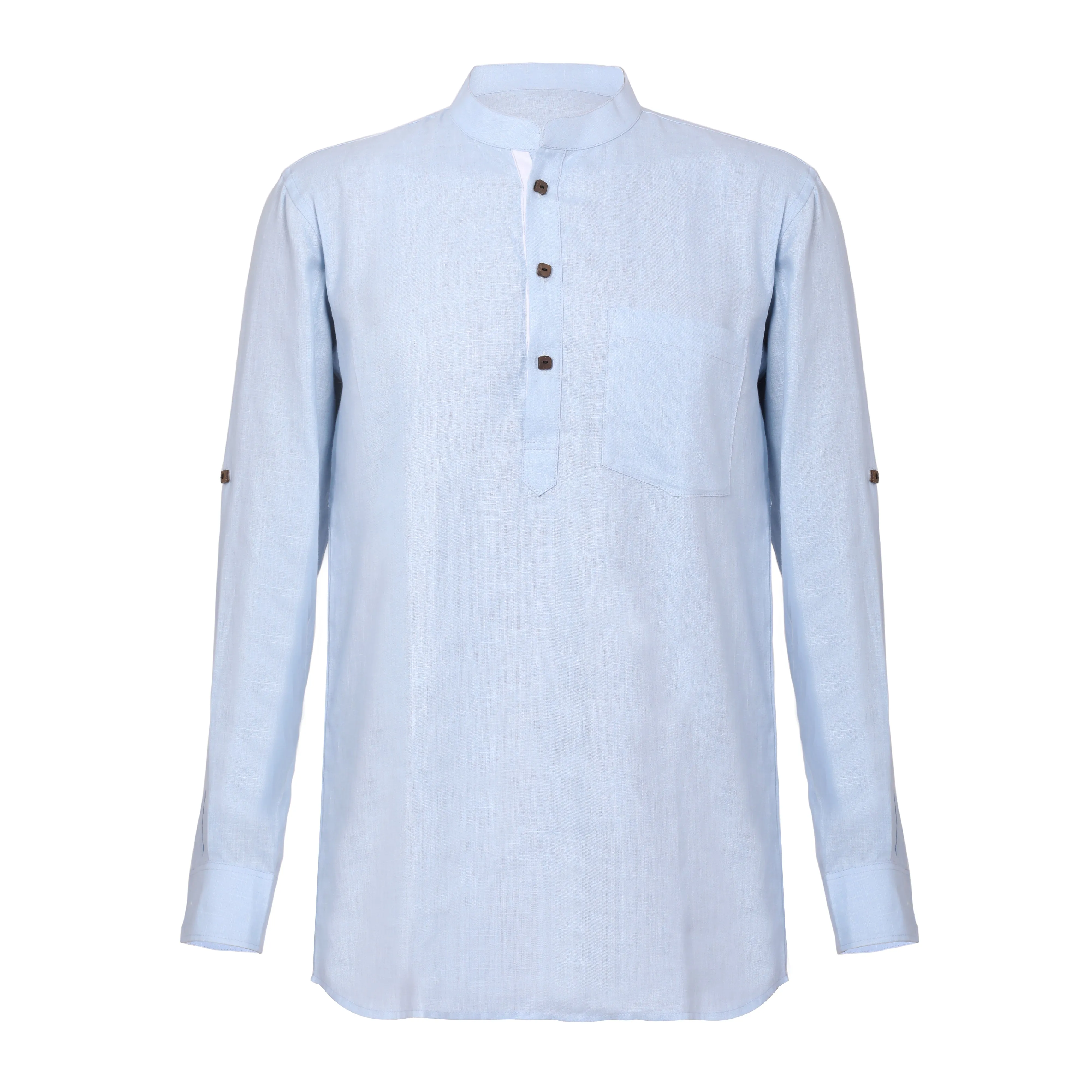 Men Solid Hemp Blue Kurta Shirt