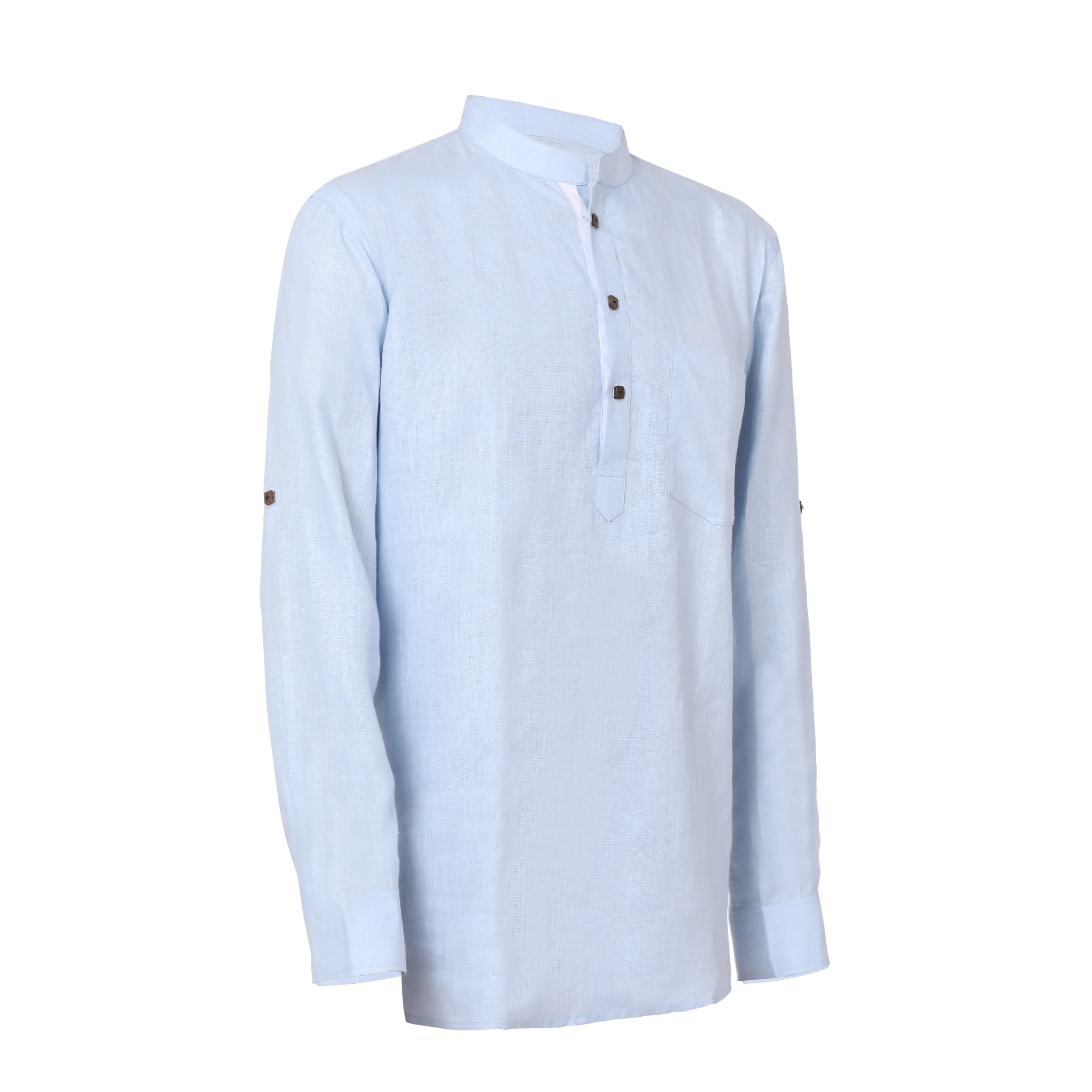 Men Solid Hemp Blue Kurta Shirt