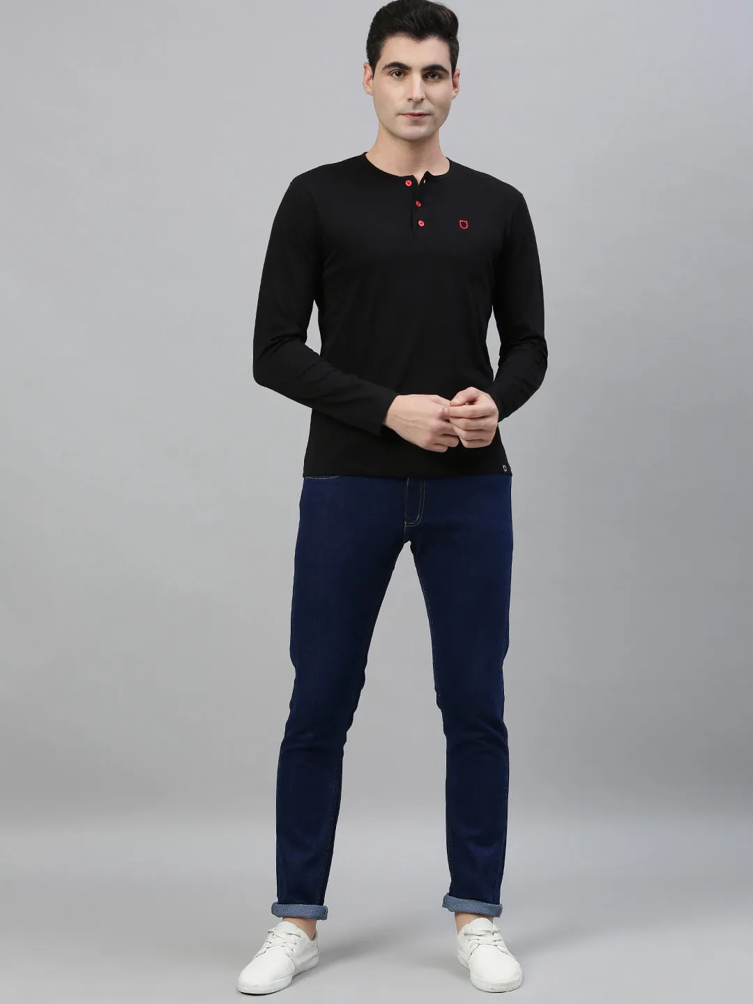 Men's Black Solid Henley Neck Slim Fit Cotton T-Shirt