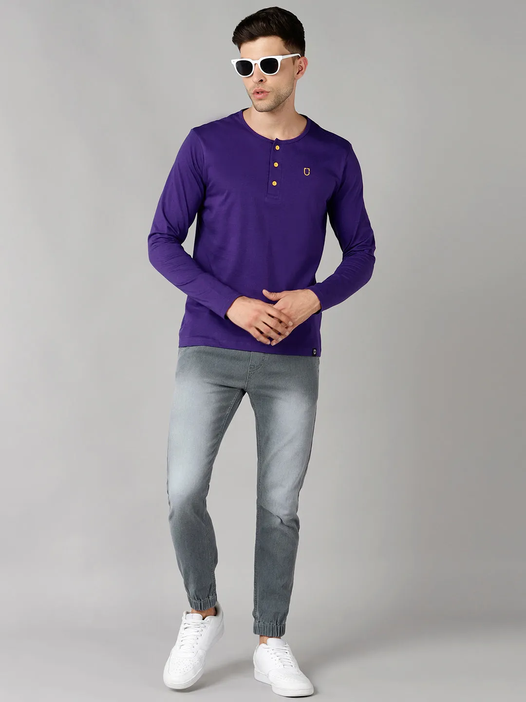 Men's Purple Solid Henley Neck Slim Fit Full Sleeve Cotton T-Shirt