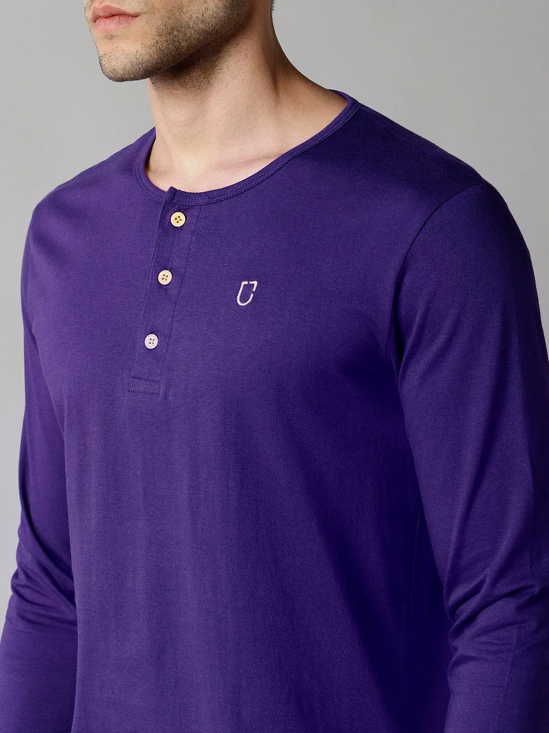 Men's Purple Solid Henley Neck Slim Fit Full Sleeve Cotton T-Shirt