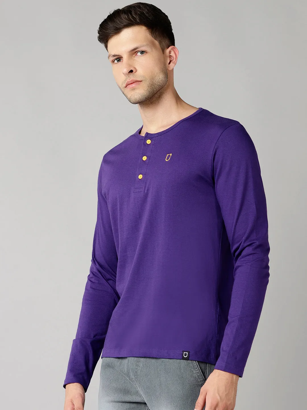 Men's Purple Solid Henley Neck Slim Fit Full Sleeve Cotton T-Shirt