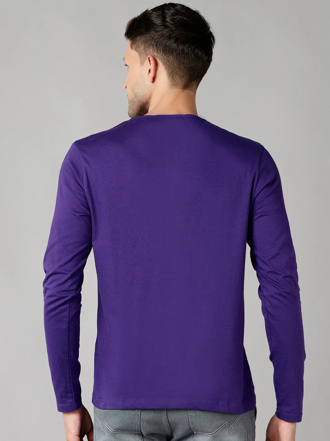 Men's Purple Solid Henley Neck Slim Fit Full Sleeve Cotton T-Shirt