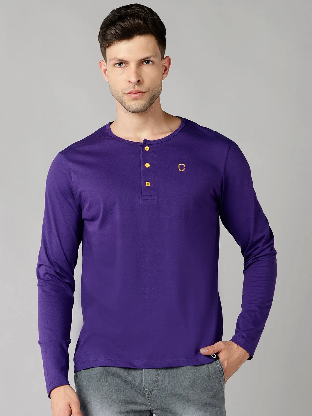 Men's Purple Solid Henley Neck Slim Fit Full Sleeve Cotton T-Shirt