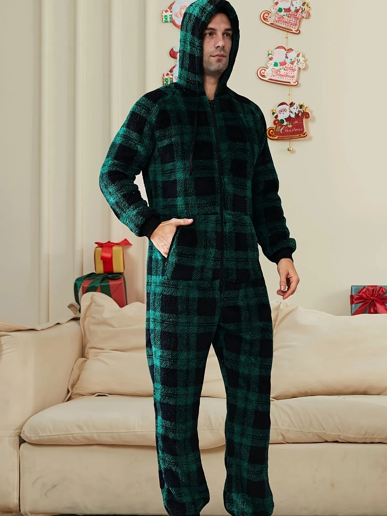 Men's Stylish Christmas Plaid Fleece Hooded Onesie Pajamas With Dual Zippers - Long Sleeve Soft Plush Loungewear