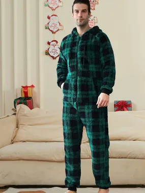 Men's Stylish Christmas Plaid Fleece Hooded Onesie Pajamas With Dual Zippers - Long Sleeve Soft Plush Loungewear