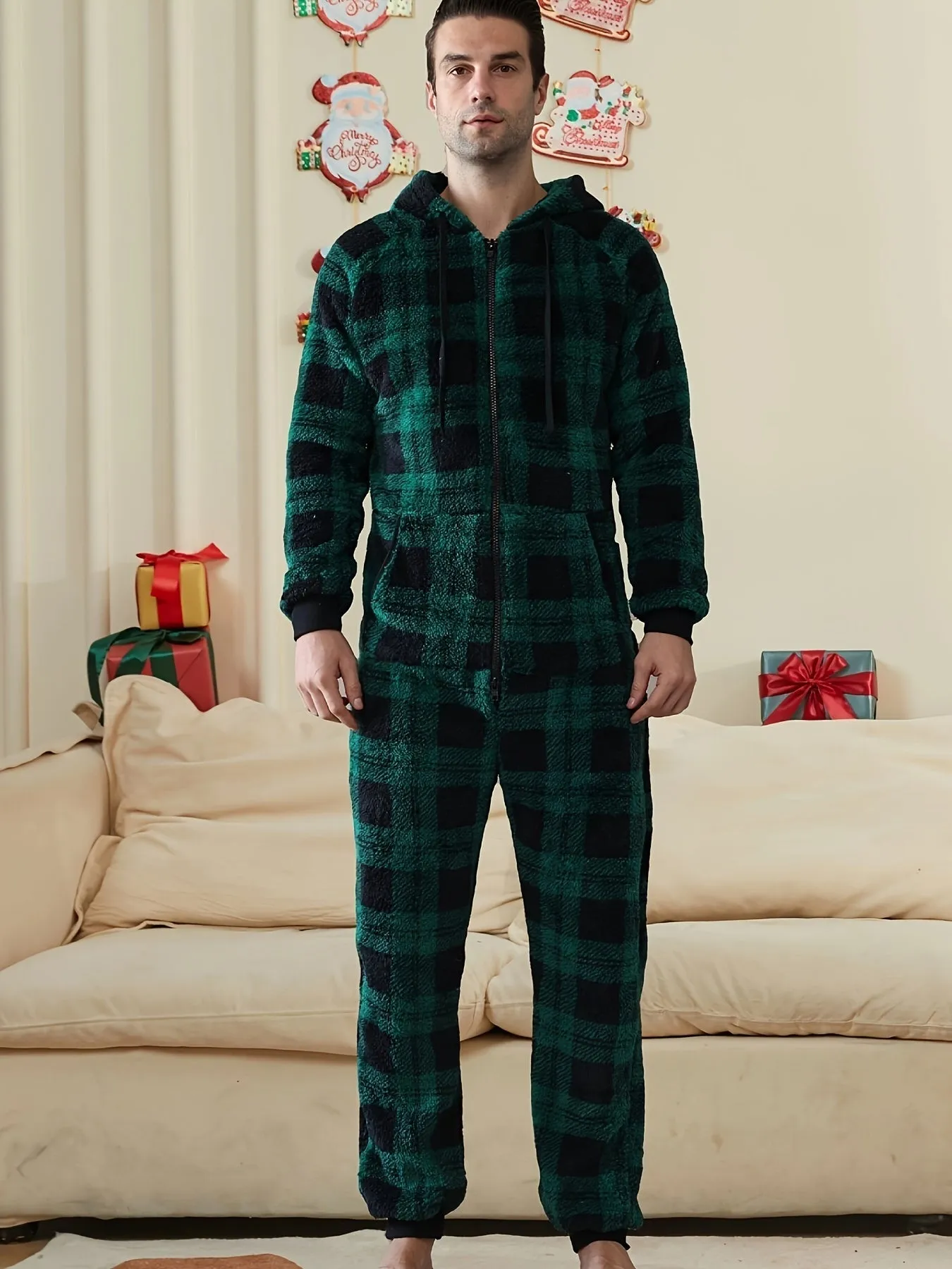 Men's Stylish Christmas Plaid Fleece Hooded Onesie Pajamas With Dual Zippers - Long Sleeve Soft Plush Loungewear