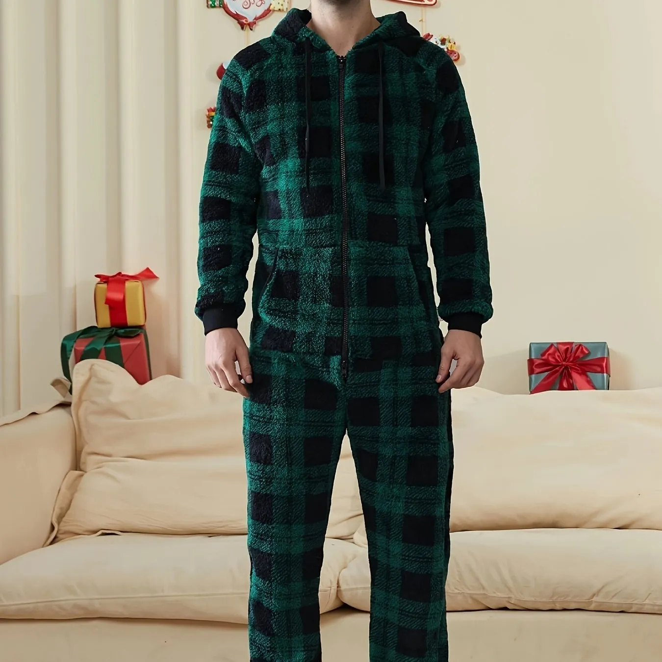 Men's Stylish Christmas Plaid Fleece Hooded Onesie Pajamas With Dual Zippers - Long Sleeve Soft Plush Loungewear