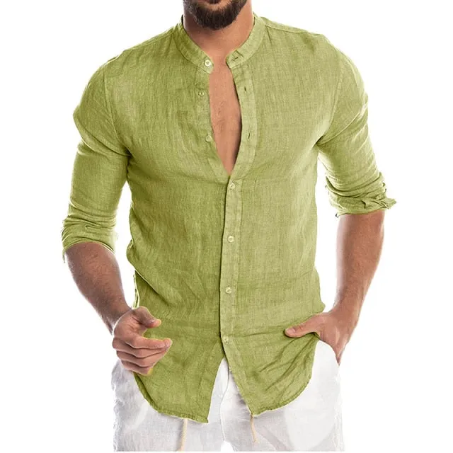 Men's Summer Long Sleeve Casual Linen Shirt Cotton Blouse