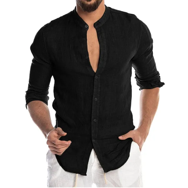 Men's Summer Long Sleeve Casual Linen Shirt Cotton Blouse