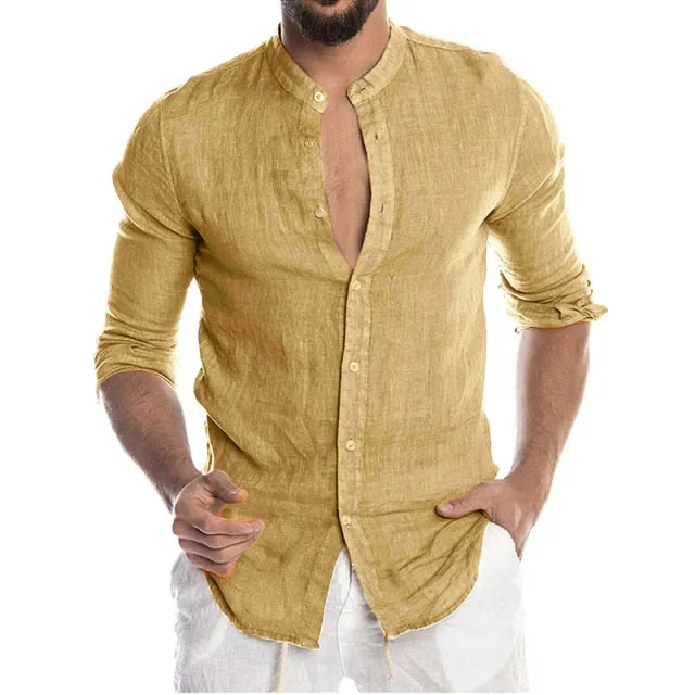 Men's Summer Long Sleeve Casual Linen Shirt Cotton Blouse