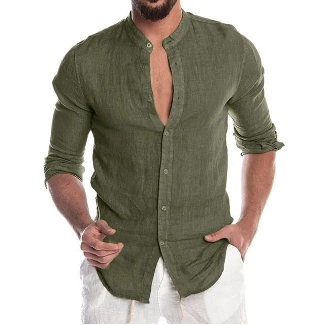 Men's Summer Long Sleeve Casual Linen Shirt Cotton Blouse