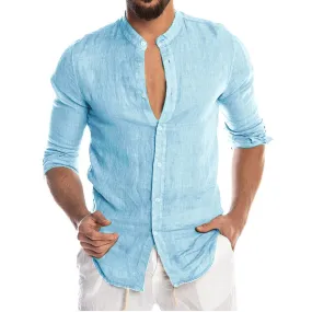 Men's Summer Long Sleeve Casual Linen Shirt Cotton Blouse