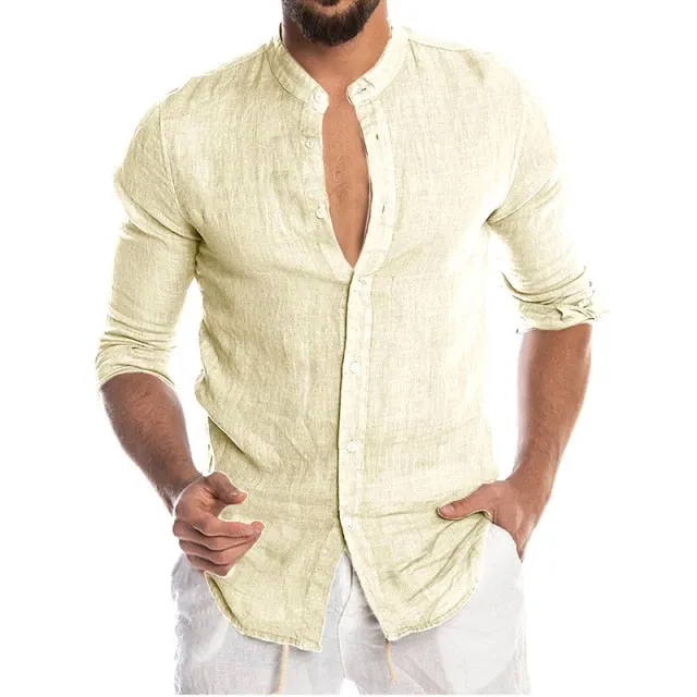 Men's Summer Long Sleeve Casual Linen Shirt Cotton Blouse