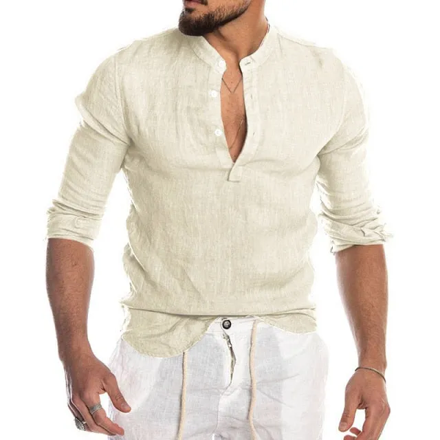 Men's Summer Long Sleeve Casual Linen Shirt Cotton Blouse