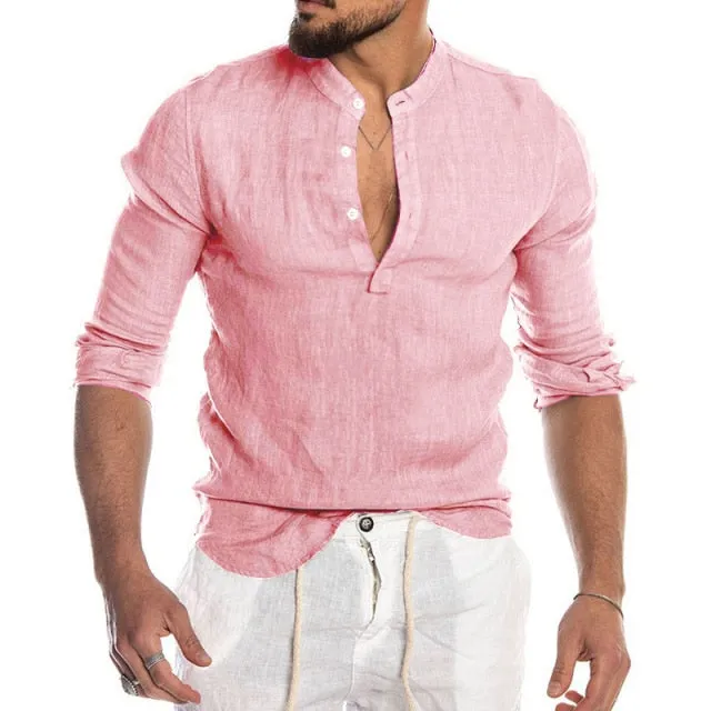 Men's Summer Long Sleeve Casual Linen Shirt Cotton Blouse