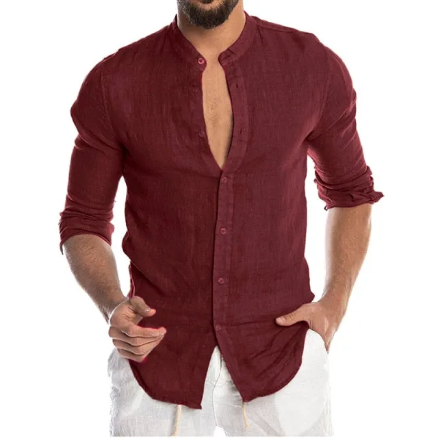 Men's Summer Long Sleeve Casual Linen Shirt Cotton Blouse