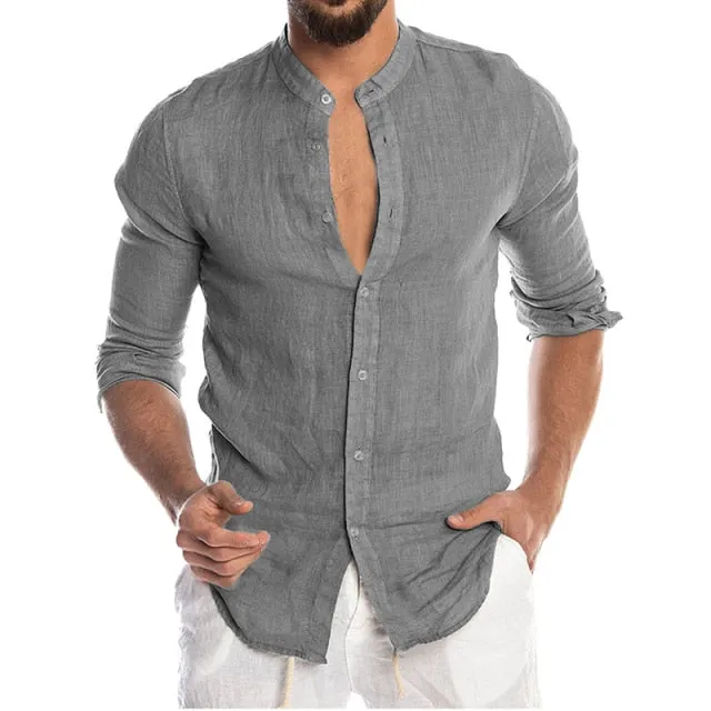 Men's Summer Long Sleeve Casual Linen Shirt Cotton Blouse