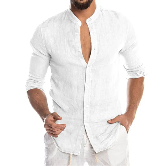 Men's Summer Long Sleeve Casual Linen Shirt Cotton Blouse