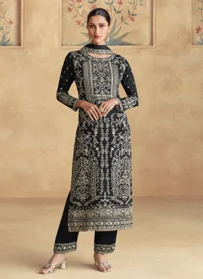 Midnight Black Thread Work Embroidery Festive Pant Suit