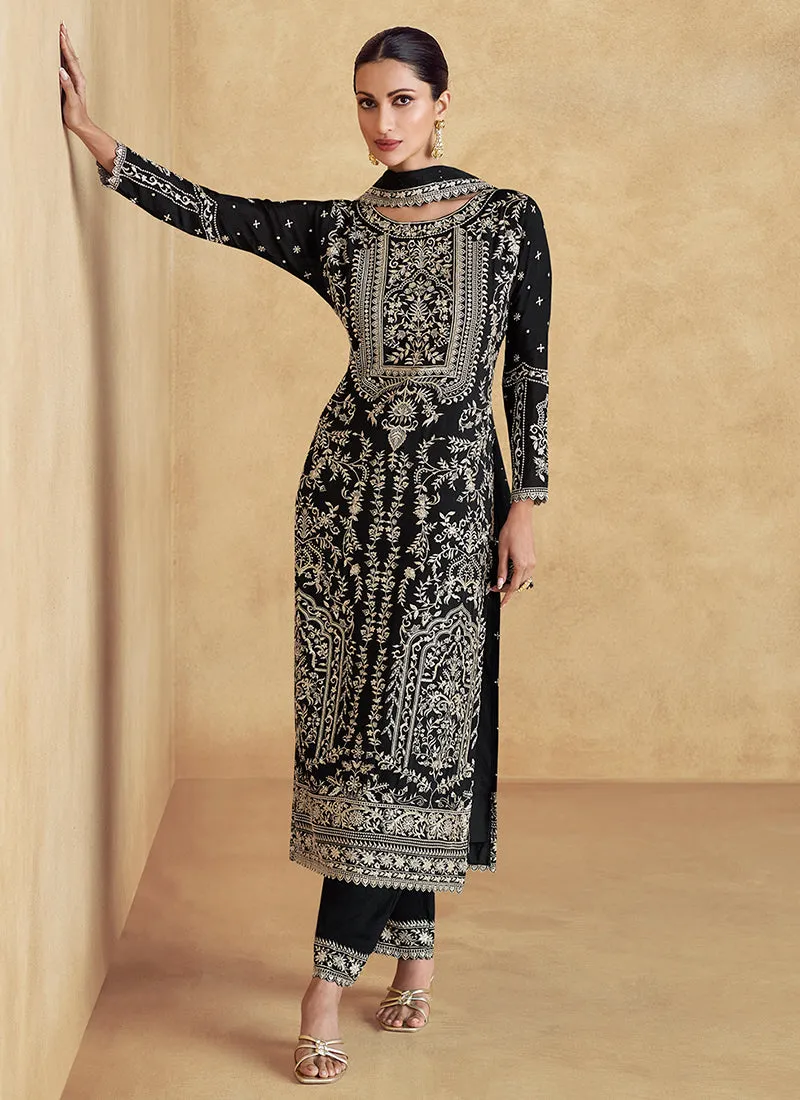 Midnight Black Thread Work Embroidery Festive Pant Suit