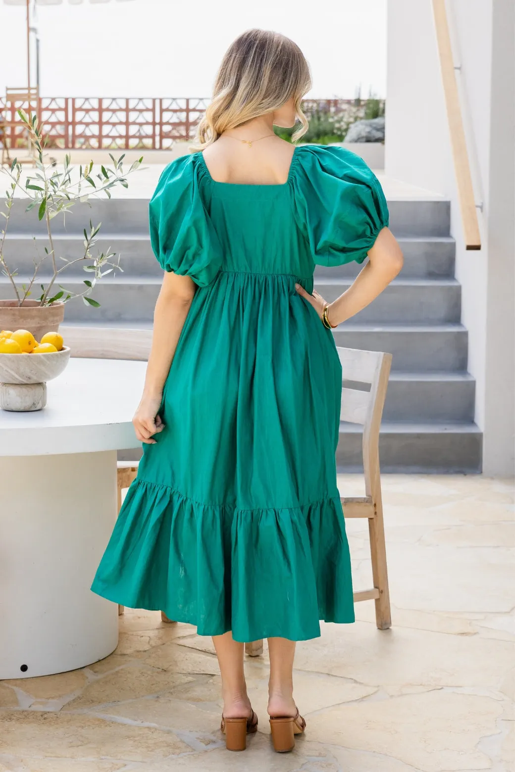 Mikayla Puff Sleeve Midi Dress Emerald