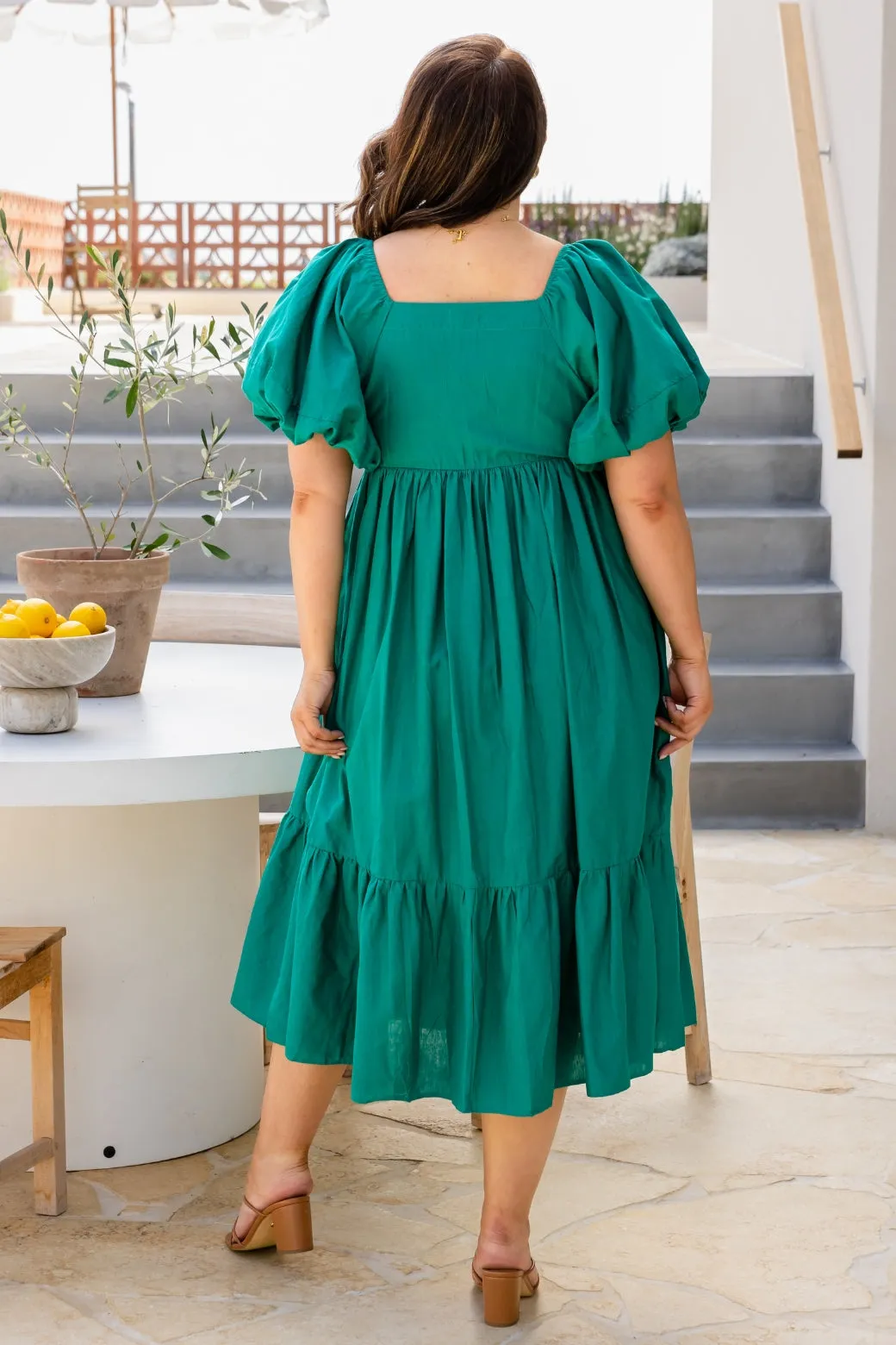 Mikayla Puff Sleeve Midi Dress Emerald