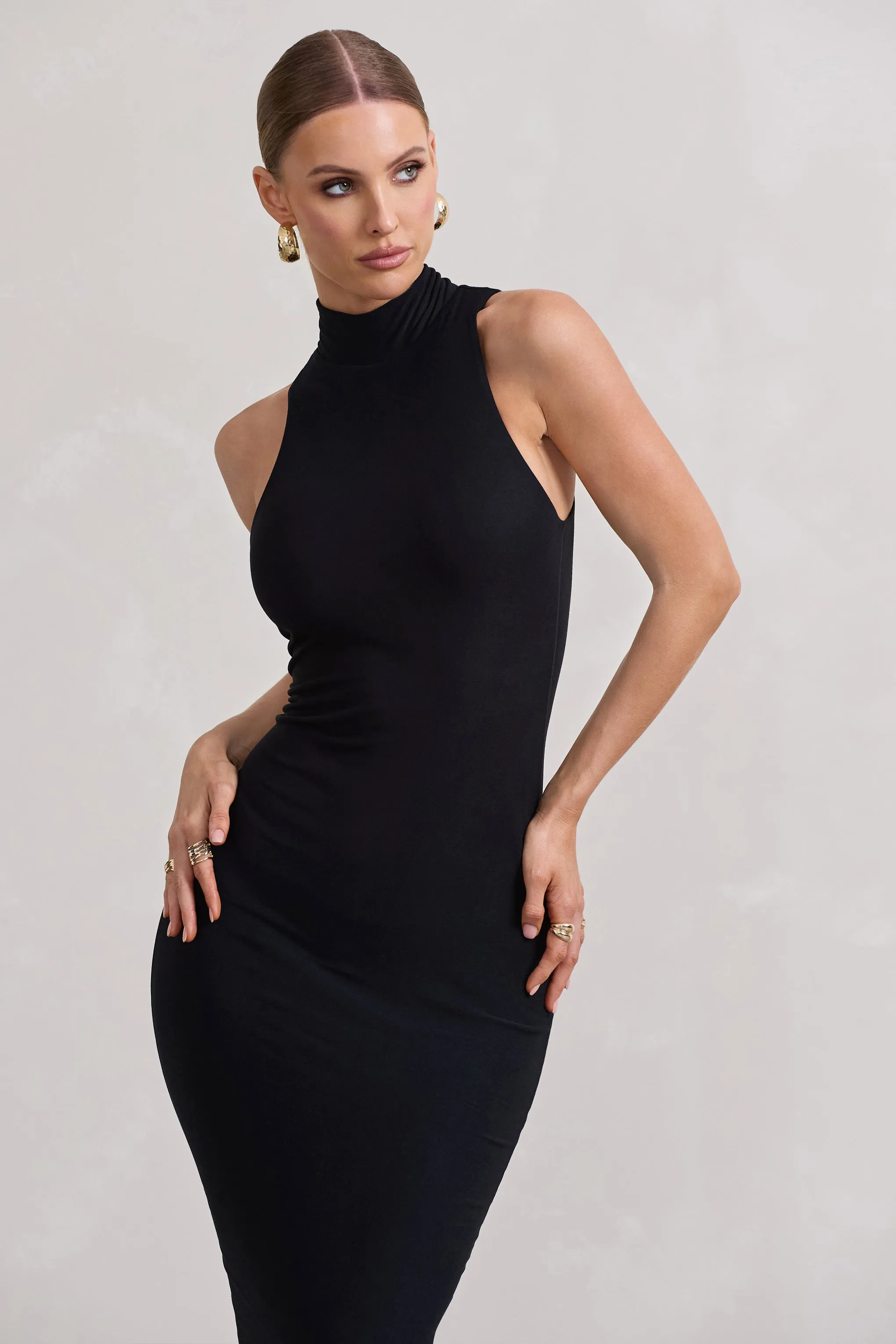 Mindy | Black Bodycon High-Neck Maxi Dress