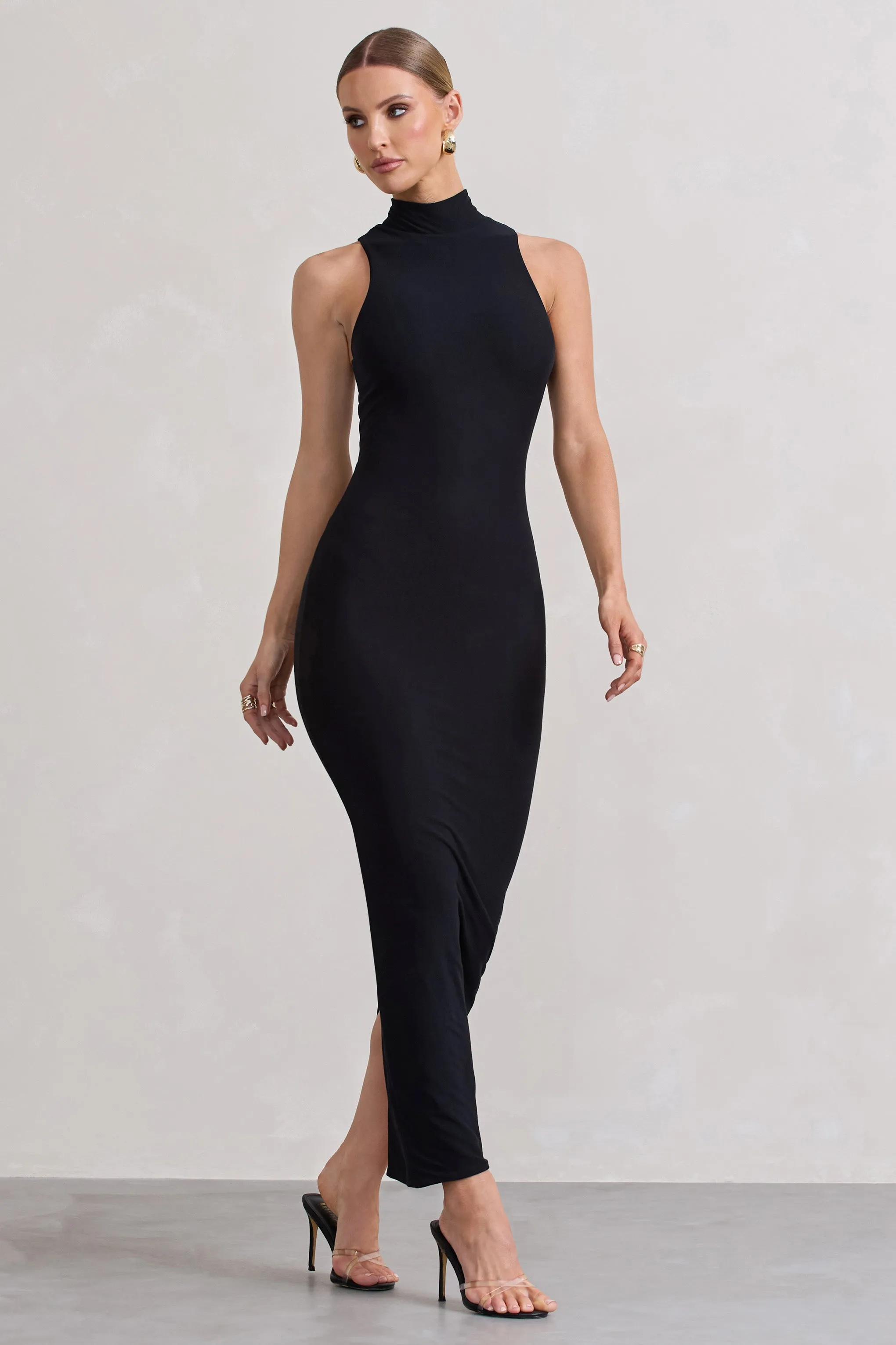 Mindy | Black Bodycon High-Neck Maxi Dress