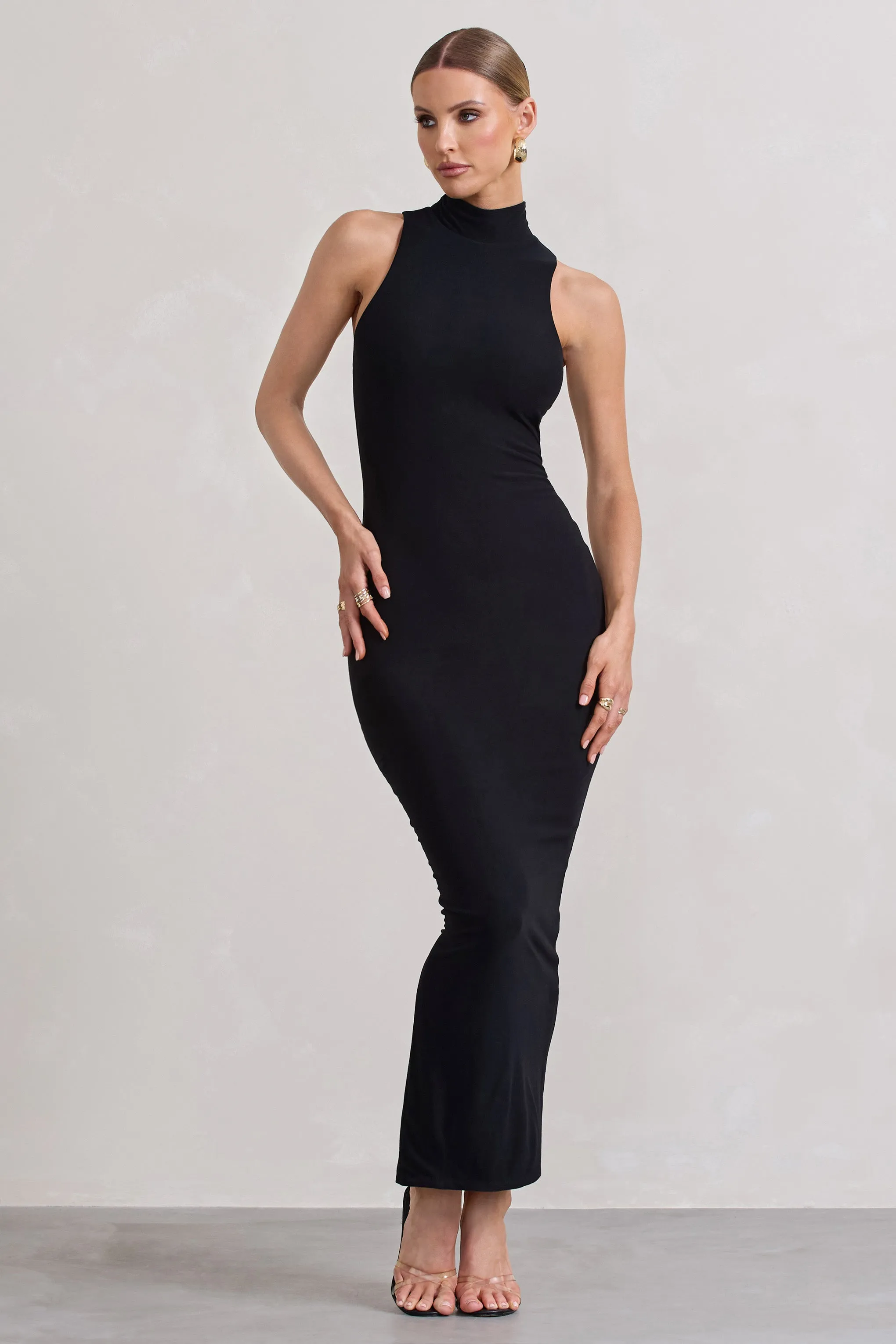 Mindy | Black Bodycon High-Neck Maxi Dress