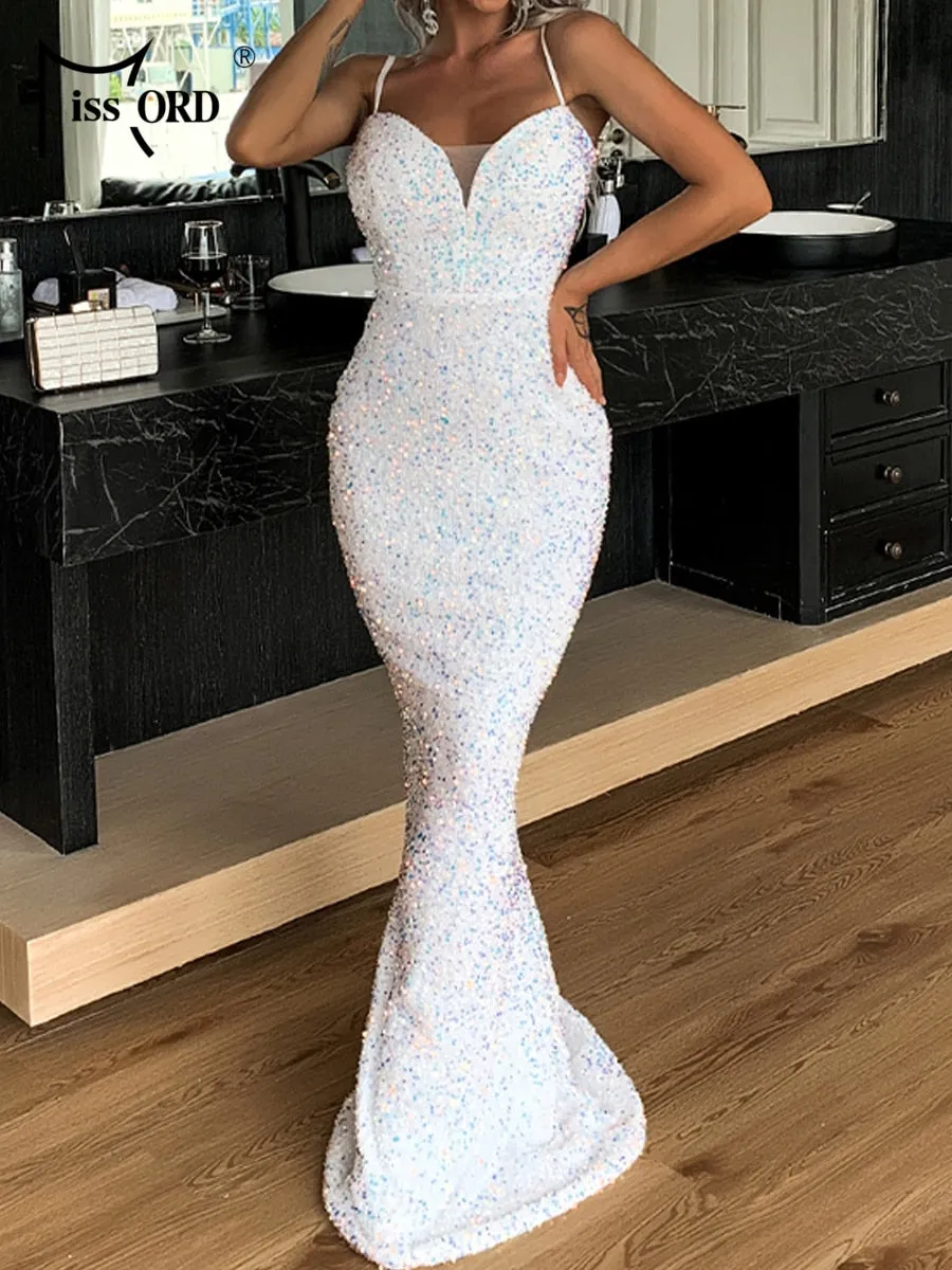 Missord Maxi Dress Women 2022 Sequins V Neck Party Fashion Sexy   Evening Spaghetti Strap Bodycon Long Dresses Sleeveless White