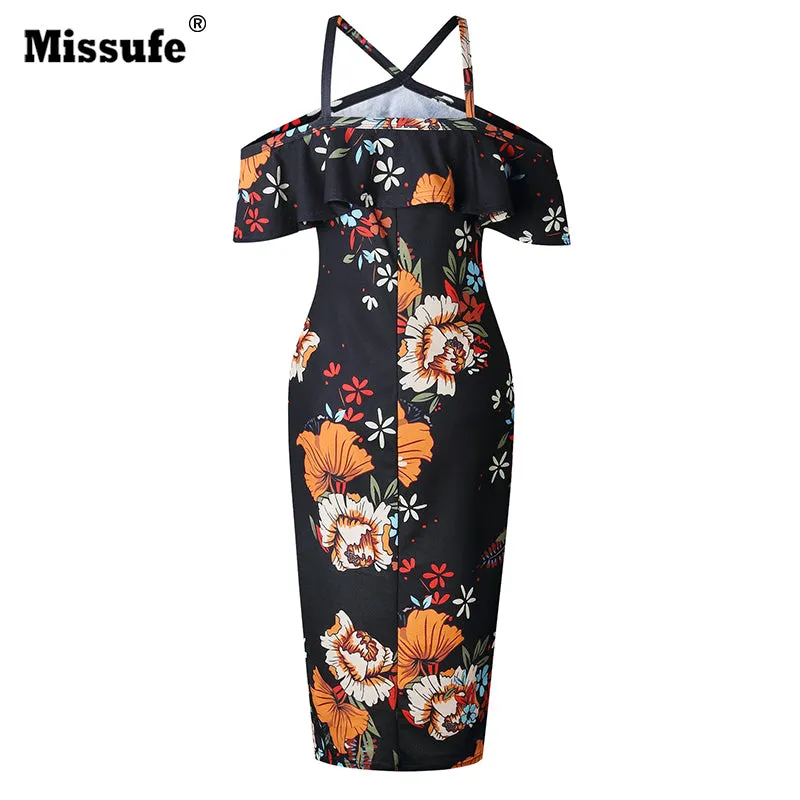 Missufe Off Shoulder Robe Female Bandage Bodycon Outfit Casual Women Summer Boho Dresses Floral Printed Halter Beach Dress