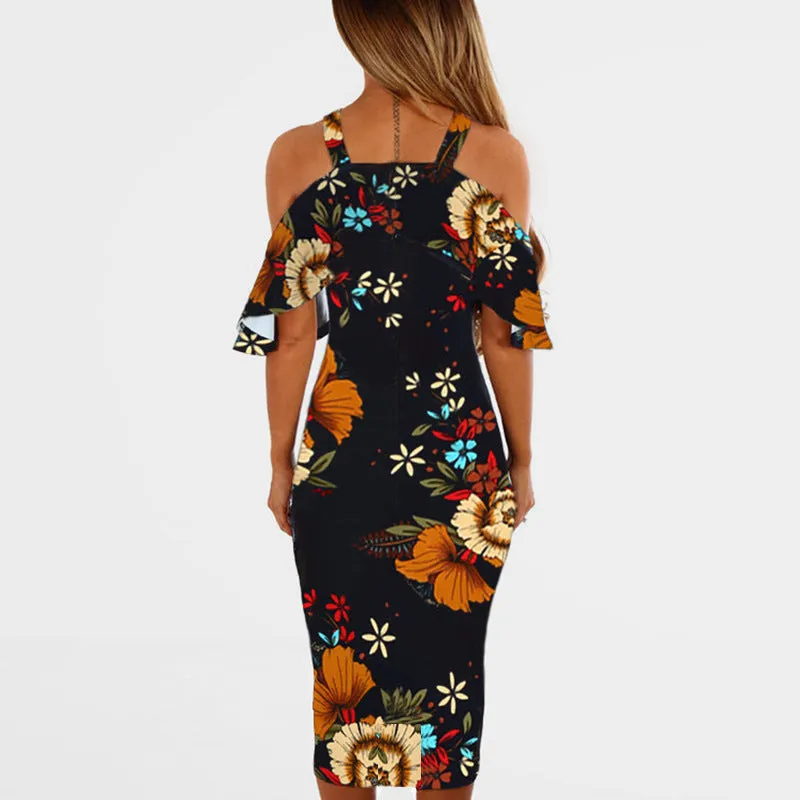 Missufe Off Shoulder Robe Female Bandage Bodycon Outfit Casual Women Summer Boho Dresses Floral Printed Halter Beach Dress