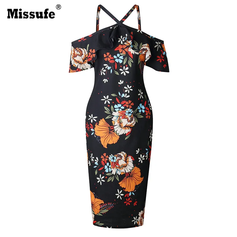 Missufe Off Shoulder Robe Female Bandage Bodycon Outfit Casual Women Summer Boho Dresses Floral Printed Halter Beach Dress