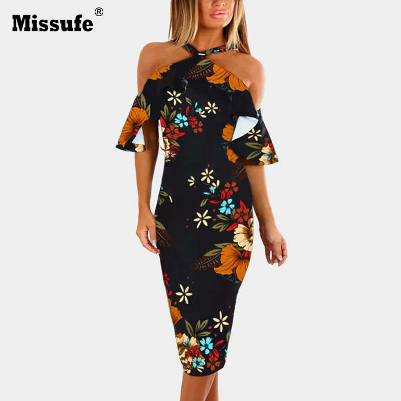 Missufe Off Shoulder Robe Female Bandage Bodycon Outfit Casual Women Summer Boho Dresses Floral Printed Halter Beach Dress