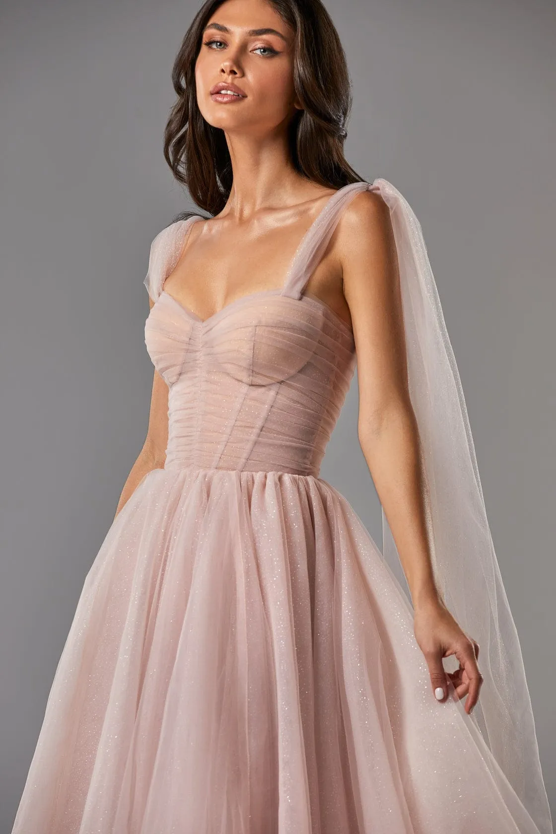 Misty Rose Sparkly off-the-shoulder tulle dress