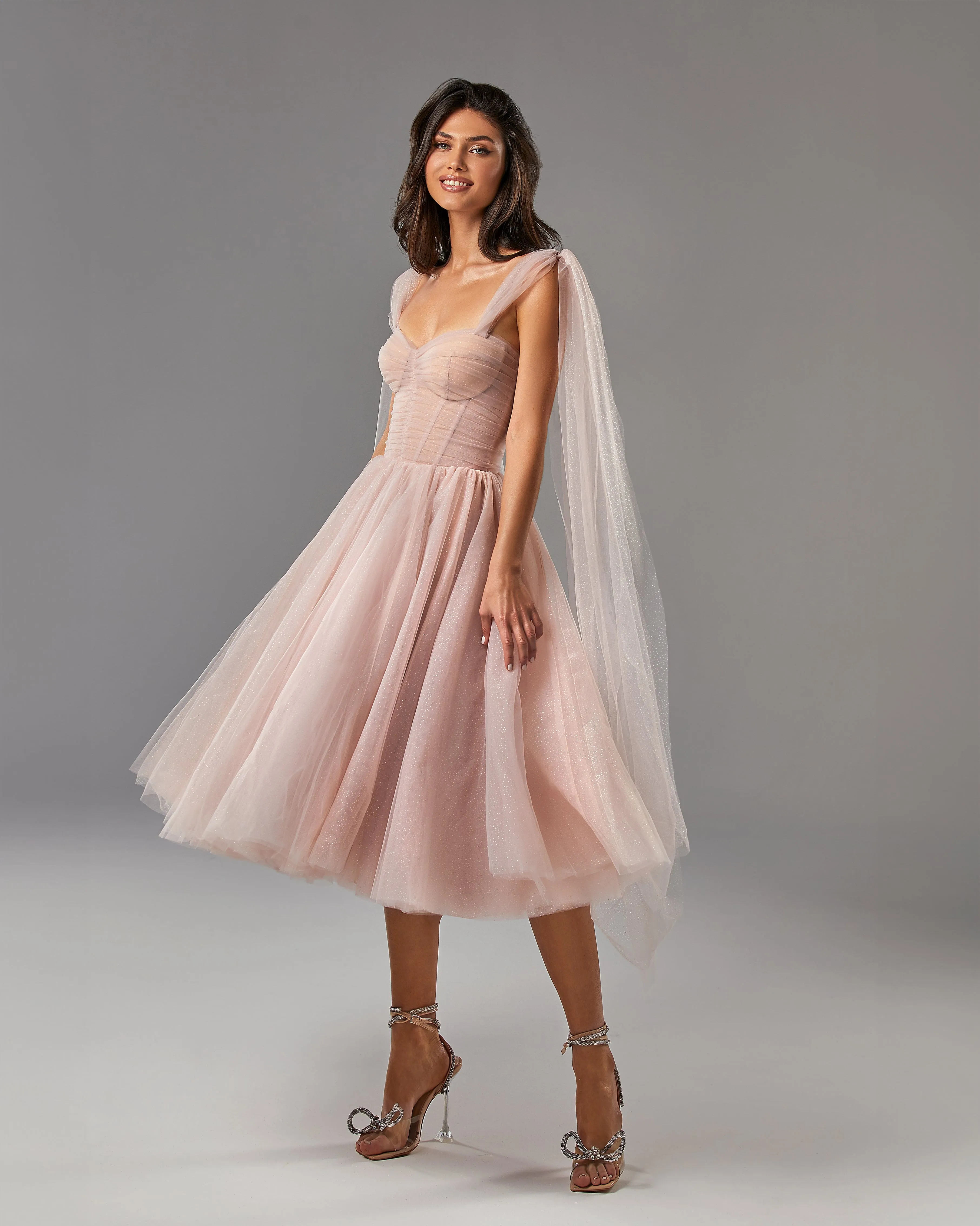 Misty Rose Sparkly off-the-shoulder tulle dress