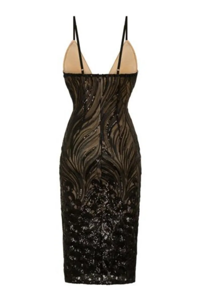 Monaco Luxe Black Nude Plunge Sequin Sheer Midi Pencil Dress