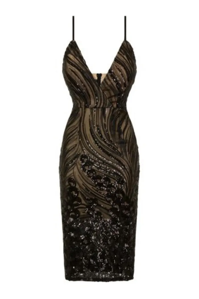 Monaco Luxe Black Nude Plunge Sequin Sheer Midi Pencil Dress