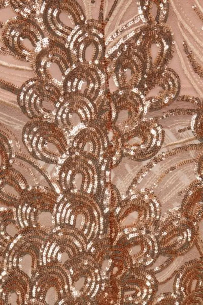 Monaco Luxe Rose Gold Nude Plunge Sequin Sheer Midi Pencil Dress